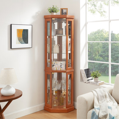 Armoire de coin lumineuse en verre, chêne foncé, intérieur à deux sections, étagères réglables, surmatelas, vitrine de collection et vitrine à vin avec système d'éclairage, bois d'ingénierie, accroché latéralement