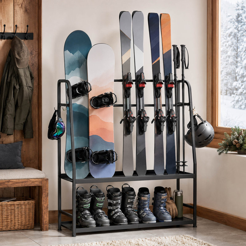 Freestanding Ski Rack, Snowboard Storage Rack with Gear Organizer