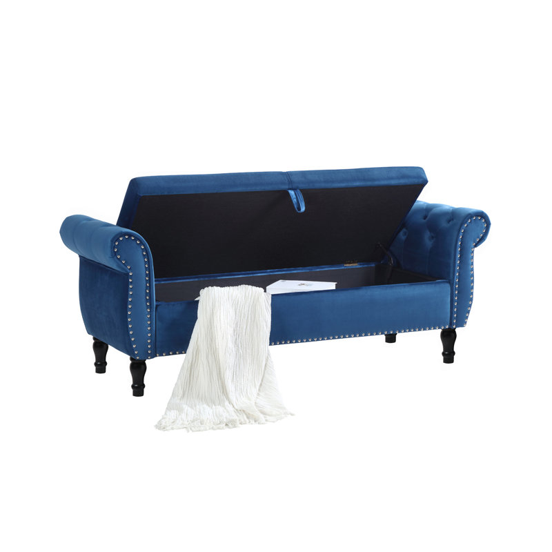 63 po. Velours 63 po. Banc de rangement multifonctionnel. Rectangulaire. Tabouret., Bleu