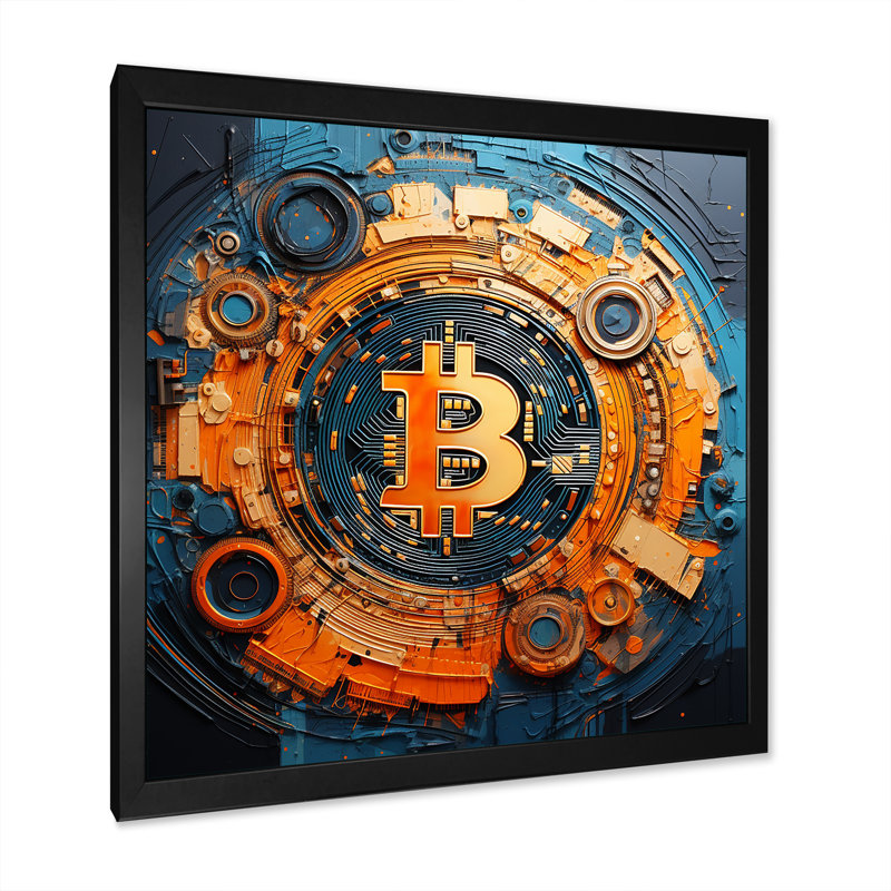«Orange Vibrant Bitcoin Crypto», art mural abstrait, Cadre simple noir, H 30 po x l 30 po x P 1,5 po