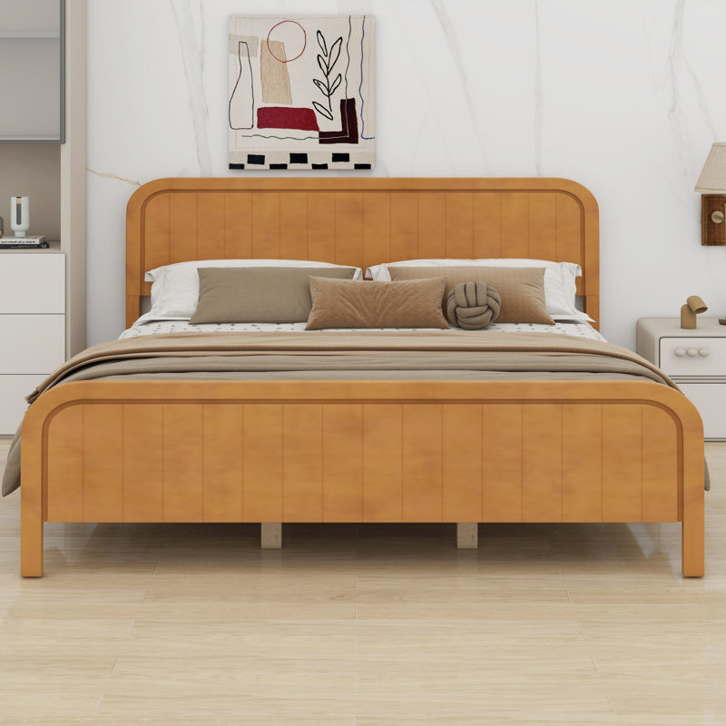 Base de lit plateforme en bois avec lattes et tête de lit, King, Natural Oak
