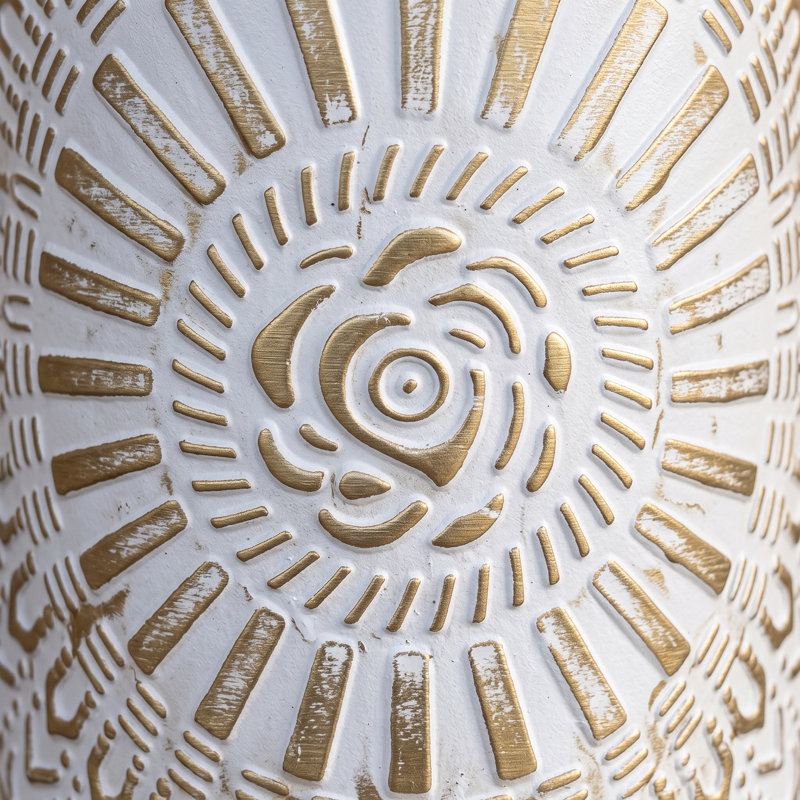 Ensemble de 3 vases de sol en métal doré et blanc à motif soleil