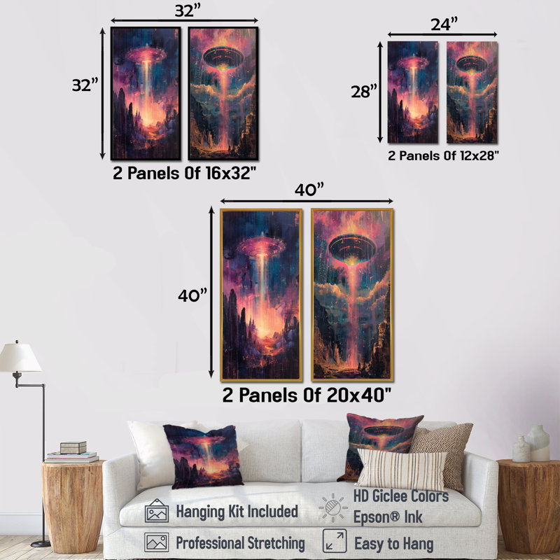 Ensemble de 2 pièces d'art mural Ufos I - Ufos rose et bleu interstellaire, H 32 po x l 32 po, Brun, Impression encadrée
