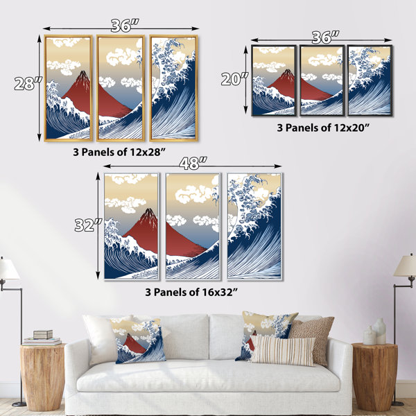 Vintage Traditional Japanese Wave and Mountain - Traditional Framed Canvas Wall Art Set of 3 Highland Dunes