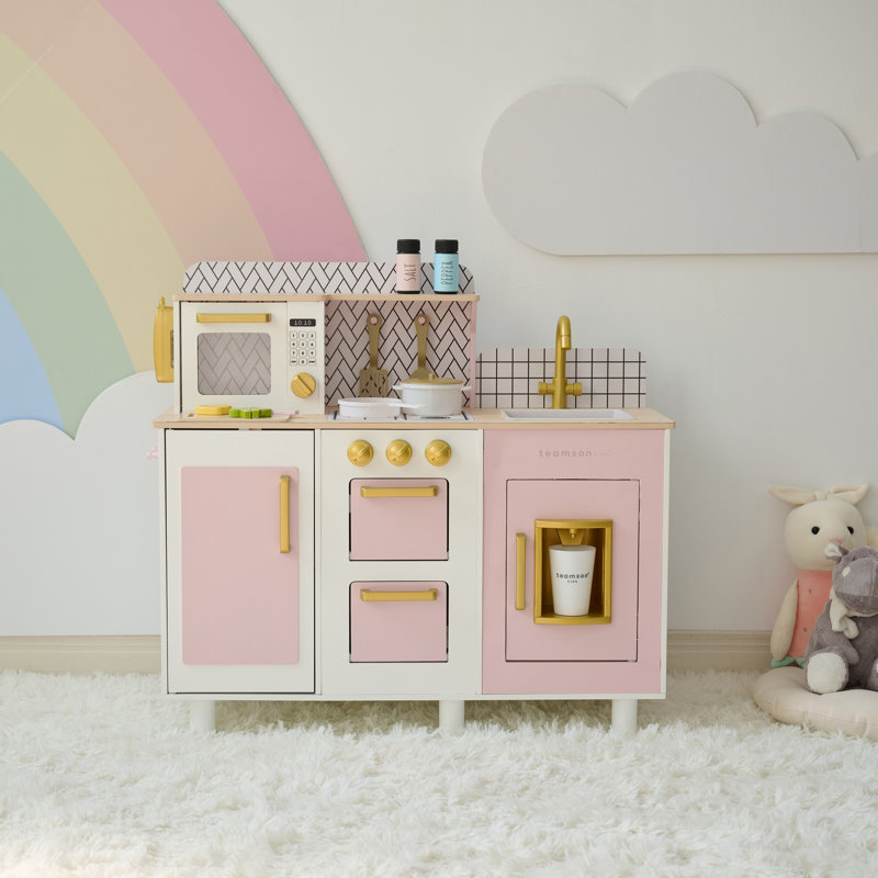 Teamson Kids Little Chef Hampton Wooden Play Kitchen With Ice Dispenser & Sink, Pink
