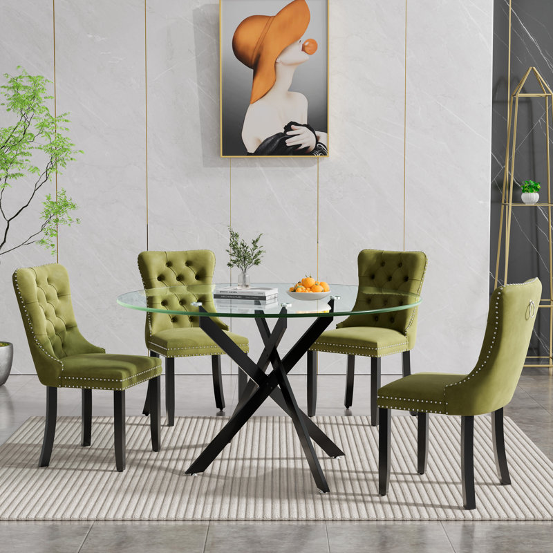 5 Piece Round Glass Dining Table Set for 4, Modern 47.25" Glass Kitchen Table, Tufted Velvet Upholstered Dining Chair, Circle Dining Table and Chairs Set for Dining Room