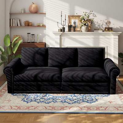 94" Velvet Upholstered Chesterfield Sofa King-Size Pull-Out Sofa Bed, Convertible Sleeper Sofa, Black
