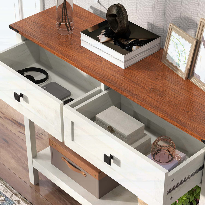 Console de style campagnard avec 2 tiroirs et tablette inférieure pour le vestibule, table d'appoint rustique avec rangement pour le salon, couloir (blanc antique)