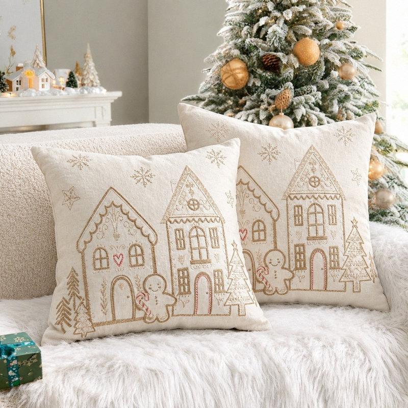 Housse de coussin décorative de Noël brodée, motif maison en pain d'épice, 45 x 45 cm, Green