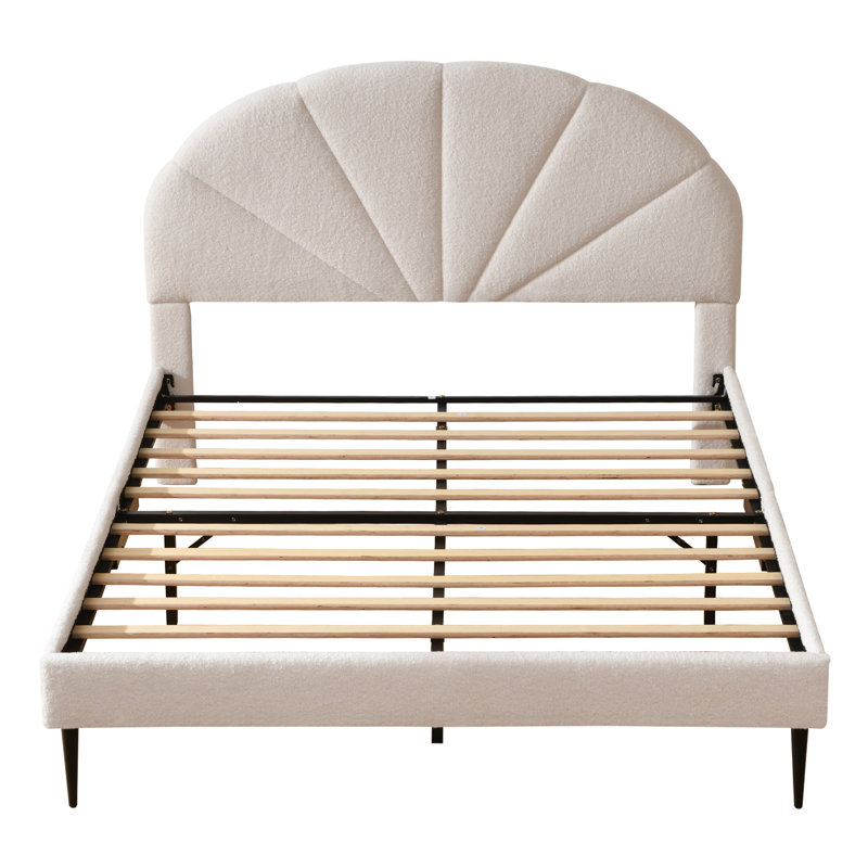  Deeb Tufted Boucle Upholstered Flower Silhouette Headboard Platform Bed, Full, White Boucle