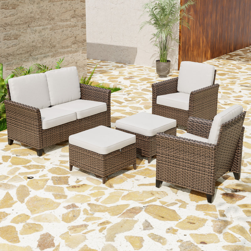 Ensemble de conversation 5 pièces avec ensemble de conversation en rotin brun et osier pour l'extérieur, Beige