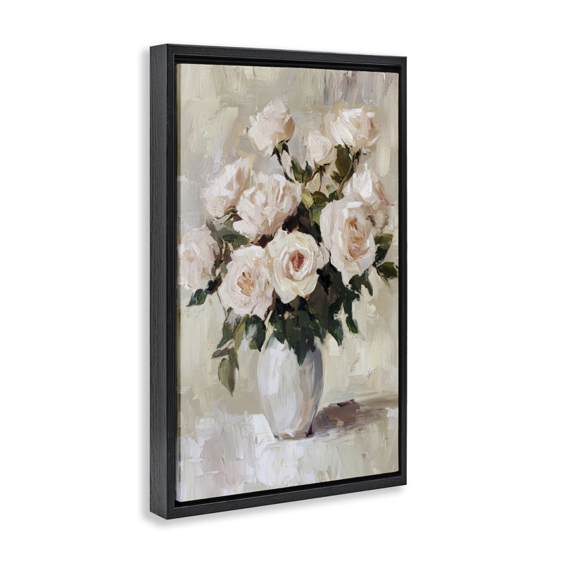 Cadre flottant dans un vase de fleurs Peachy Roses, design par Petal Prints Design, Cadre flottant noir de jais