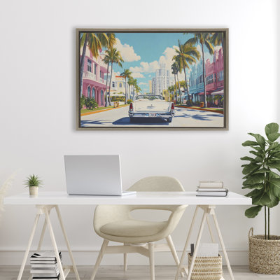 Voiture classique dans un cadre flottant de ville tropicale, design par Franklyn Gregory
