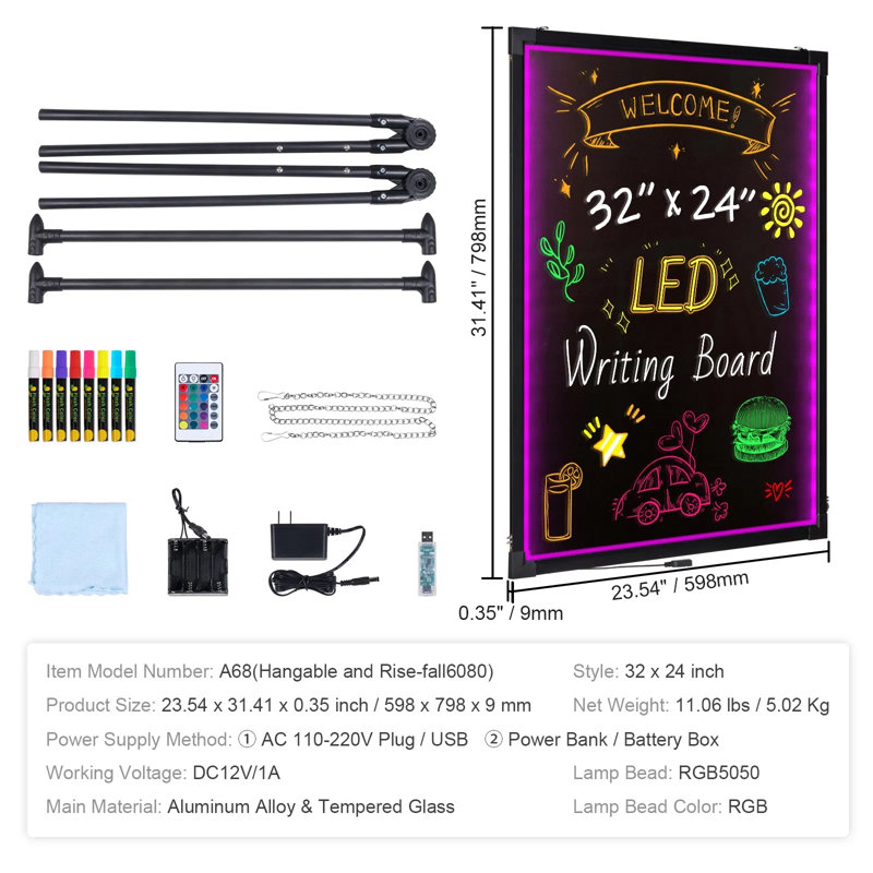Tableau d'écriture à DEL, tableau lumineux éclairé effaçable de 24 po x 16 po, tableau de menu à effet néon, planche à dessin avec 8 marqueurs à craie fluorescente et testé à distance selon les normes UL