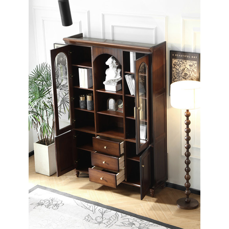 American-Style Vintage Cherry Wood With Glass Storage Three-Door Bookcase