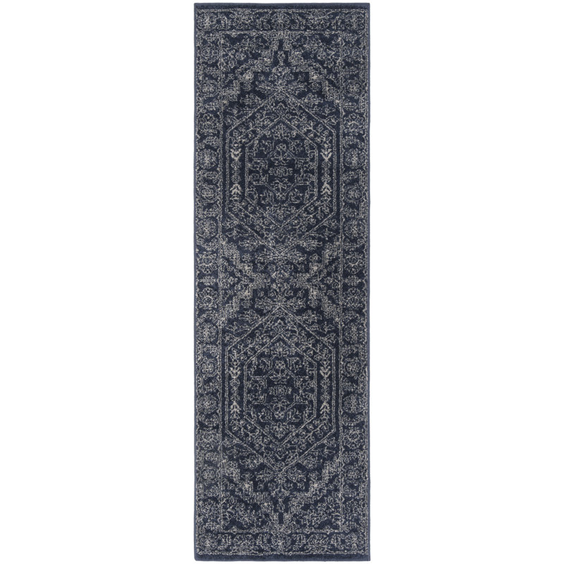 Tapis oriental bleu marine / ivoire Olius, Tapis de couloir 2 pi 6 po x 6 pi