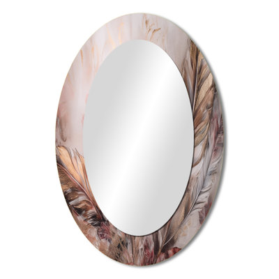 Gold Glamorous Feathers Of Boho Fantasy IV - Floral Oval Decorative Mirror On Metal