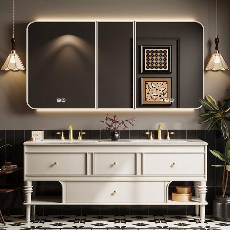 French style retro bathroom cabinet., Off-White, 59"