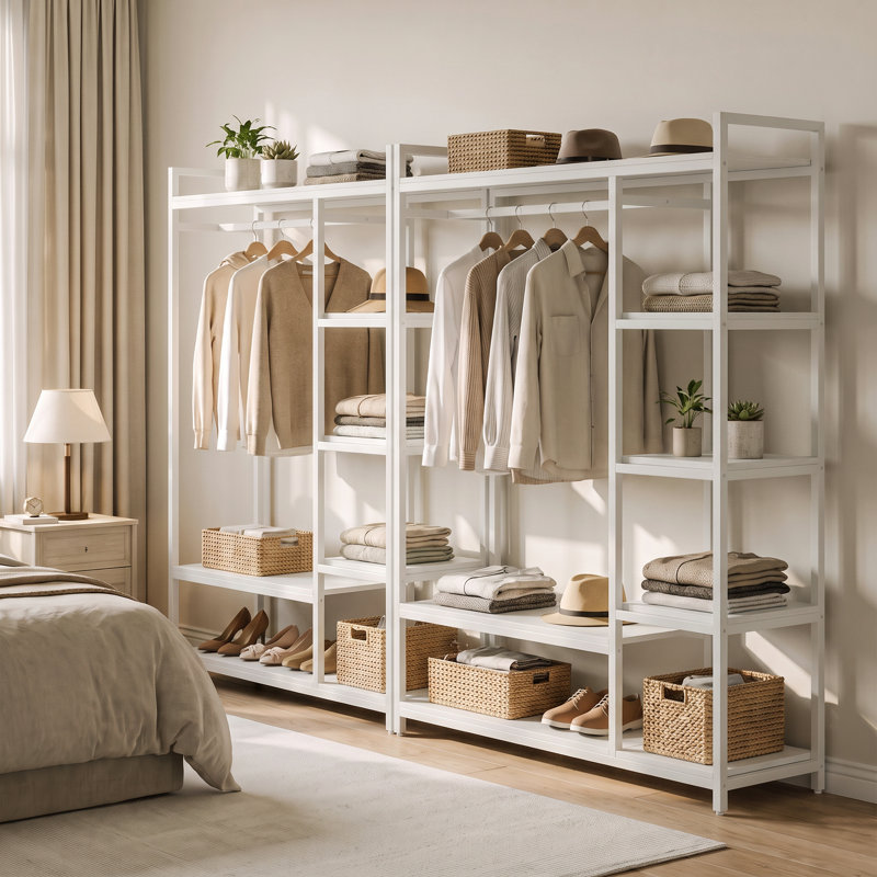 Étagère de rangement de 120 cm de large avec 6 tablettes et tringle., Blanc