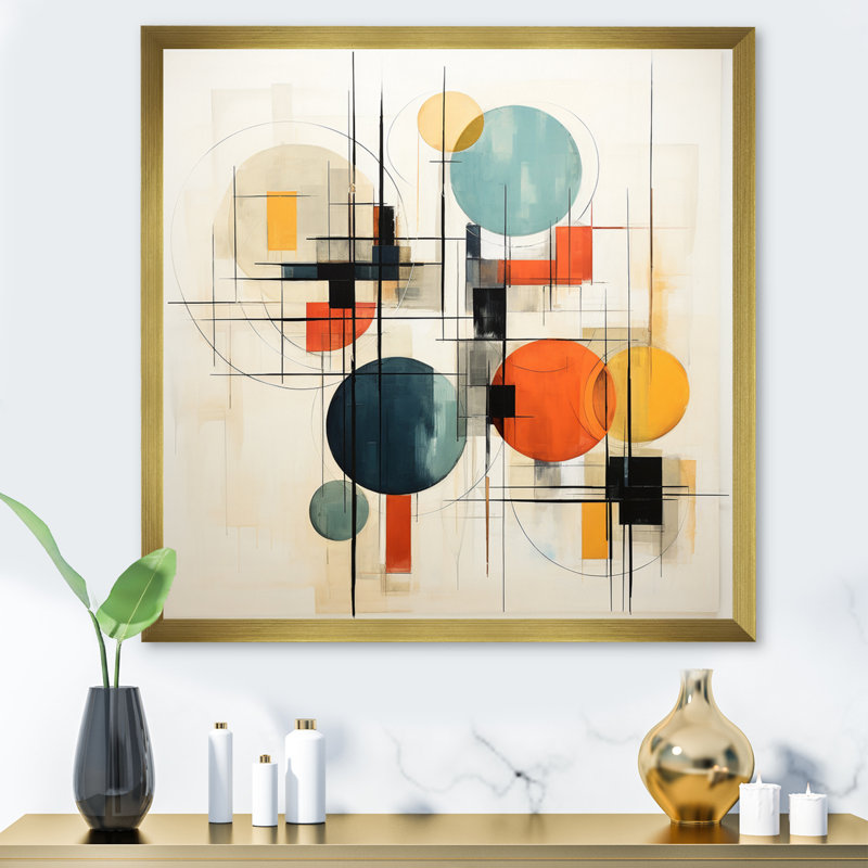 Motif de géométrie colorée Mid Century Patchwork II - impression, Encadrement doré, H 16 po x l 16 po x P 1 po