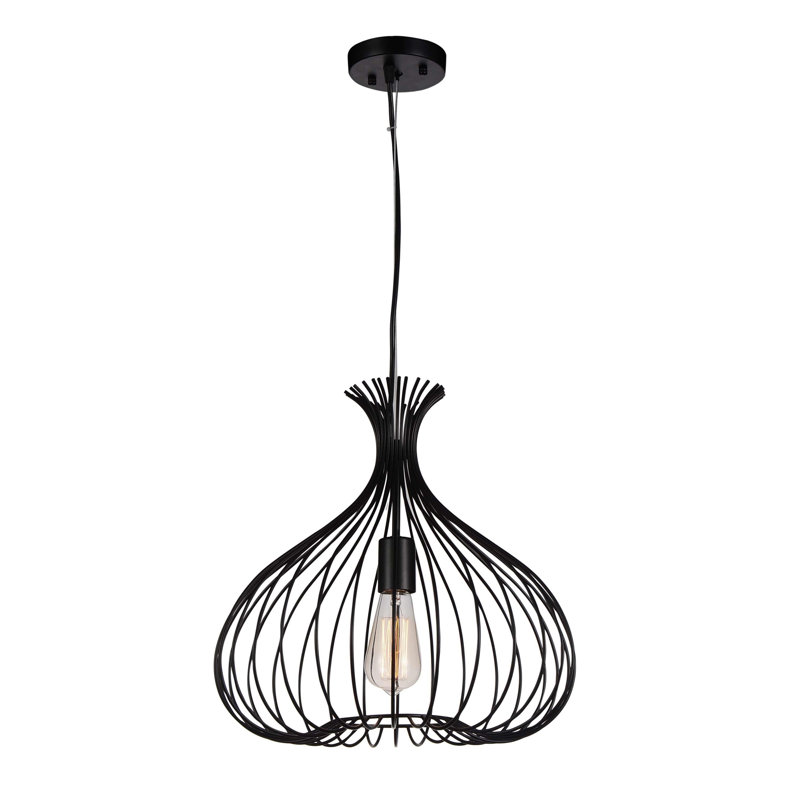16'' 1-Light Down Pendant with Black Finish For Kitchen, Dining Room, Entryway – E26 Base, Bulb Not Included – Onion-Shaped Metal Cage Design, Rustic Modern Style