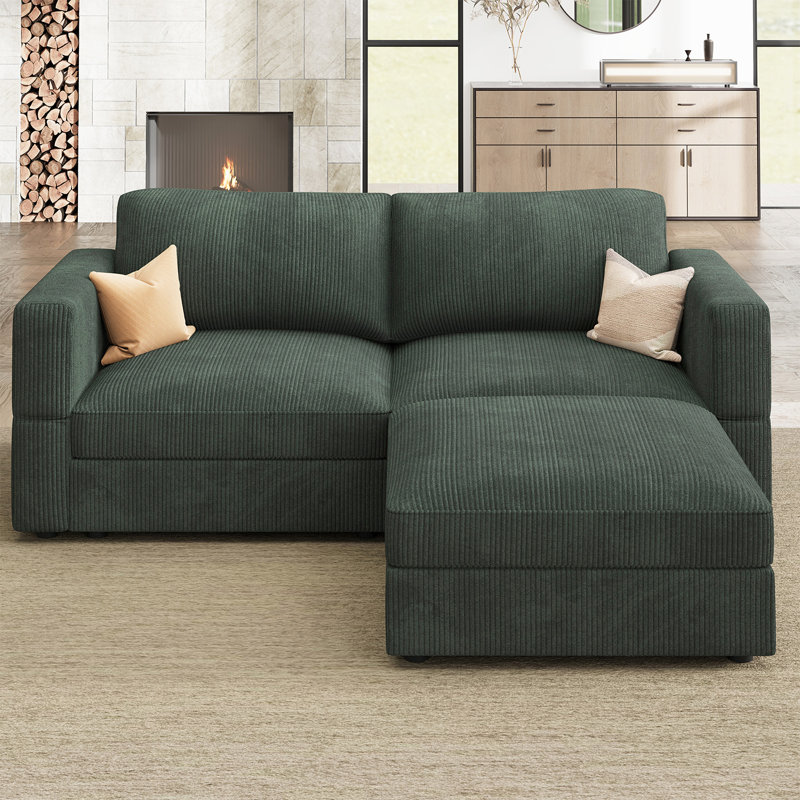 Bouley 82.6'' W L-Shaped Corduroy Modular Sectional , Green Corduroy