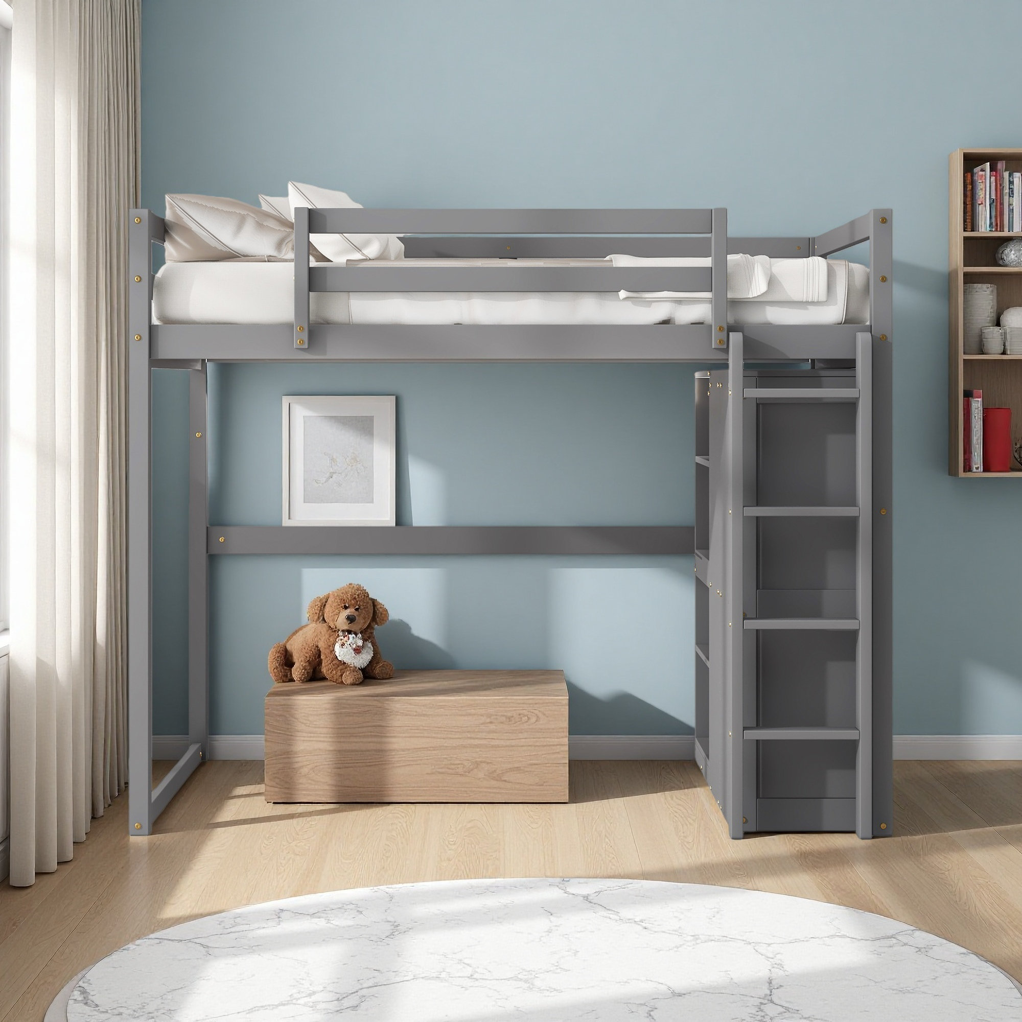 Harriet Bee Wood Full Size Loft Bed With Built-In Wardrobe And Storage ...
