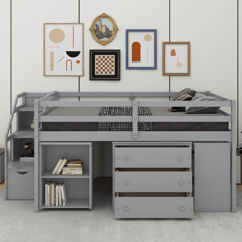 Lit mezzanine double avec bureau d'écriture rétractable et 3 tiroirs, Gris