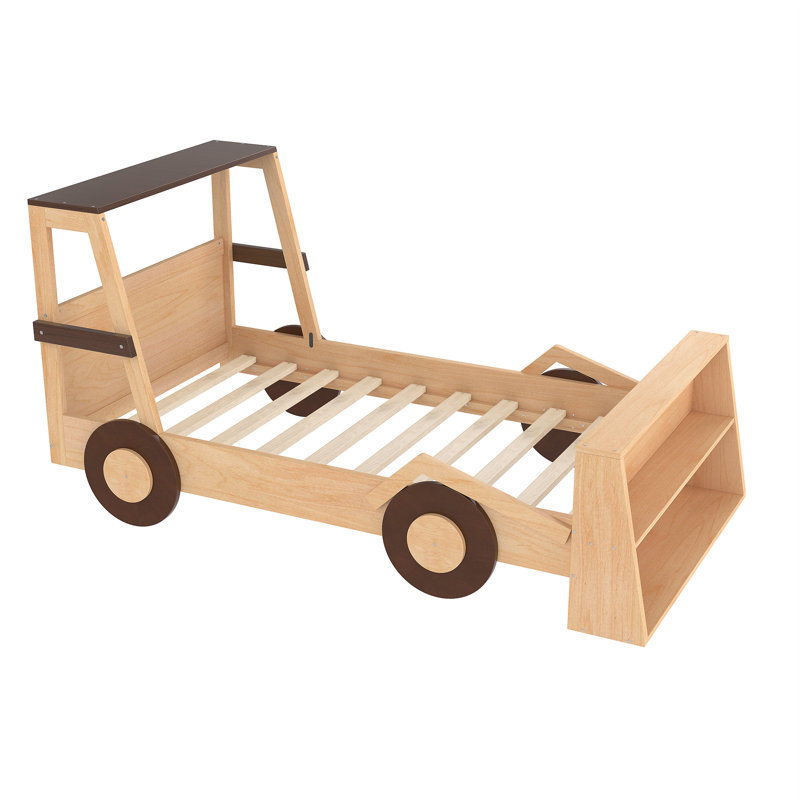 Twin Size Car Bed with Storage Shelves – Kids Platform Bed with Fun Car-Shaped Design, Natural, Natural