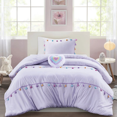 Édredon lavande simple à 2 pampilles avec 2 taies décoratives et coussin décoratif en forme de cœur en microfibre, étiqueté
