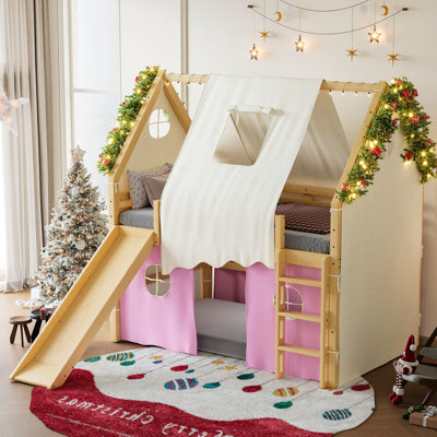 Lit mezzanine double avec structure de style maison, tentes et glissoire de tente naturelle et rose à accès confortable pour des expériences amusantes