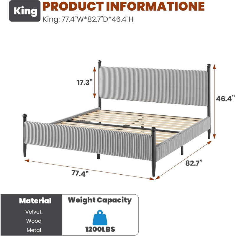 Headboard Bed Frame, Corduroy Upholstered Bed with Wooden Slats & Heavy Duty Feet, No Box Spring Required, Gray, King