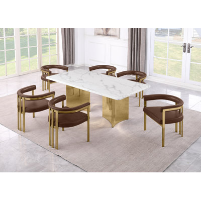 Grand White Marble Dining Set With Leathaire Side Chairs