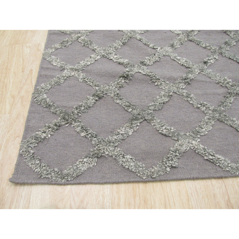 Gray Hand-Knotted Wool Viscose Latticed Shag Lines Modernist Design Modern Contemporary Carpet Rug, 9' x 12'