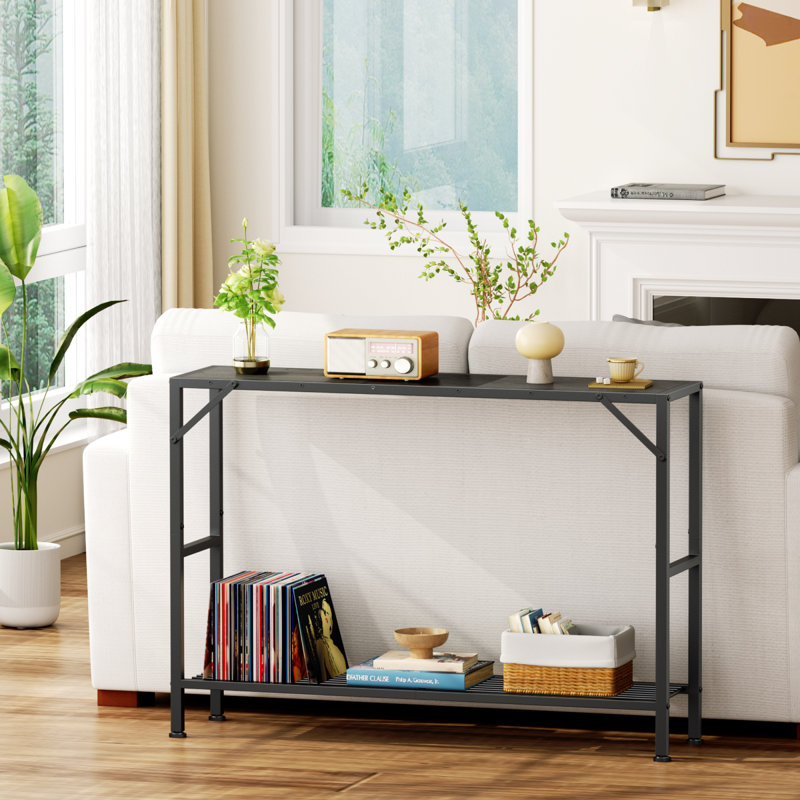 Oak Gray Narrow Console Table with Metal Frame and Storage Shelves