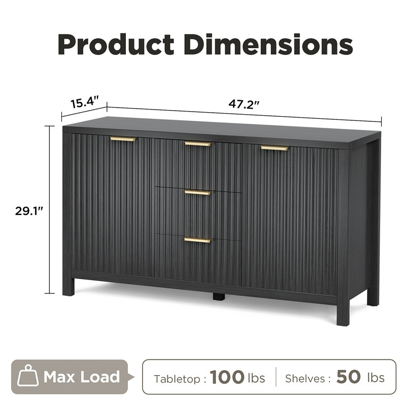 Armoire de rangement à buffet, crédence cannelée avec deux portes et trois tiroirs pour la cuisine et le salon