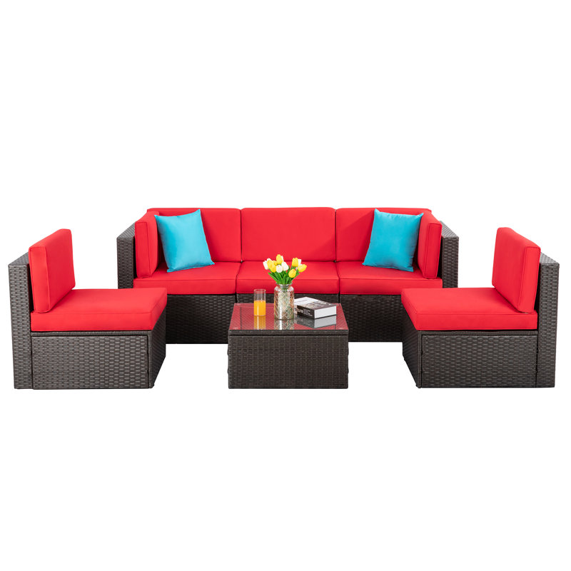 Ensemble de conversation modulaire en rotin 6 pièces avec coussins Arlynne, Rouge
