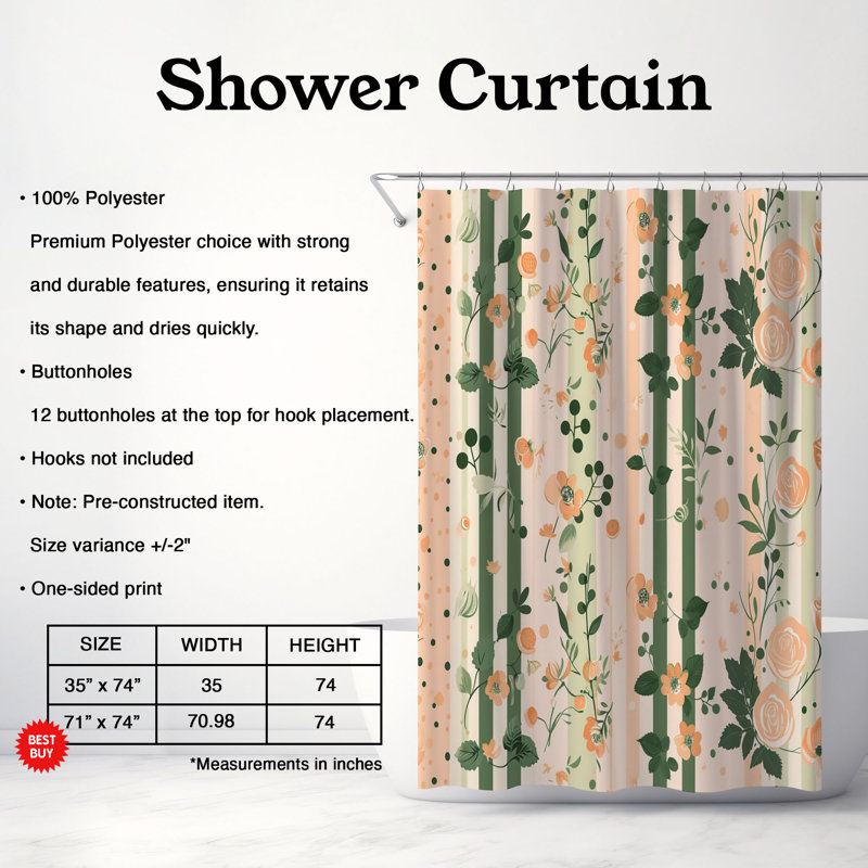 Rideau de douche standard 1 pièce à motif floral pastel, H 74 po x l 71 po