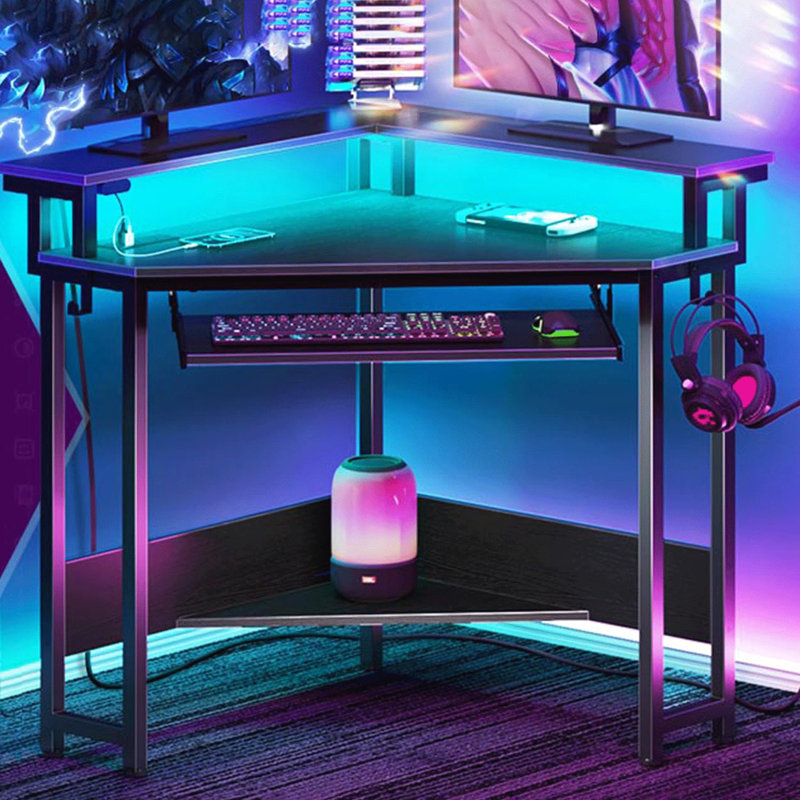 Corner Desk,44.5" W x 34.5" H Small Computer Desk with Power Outlets, Gaming Desk with LED Lights, Triangle Corner Table with Keyboard Tray & Monitor Stand for Small Space, Black