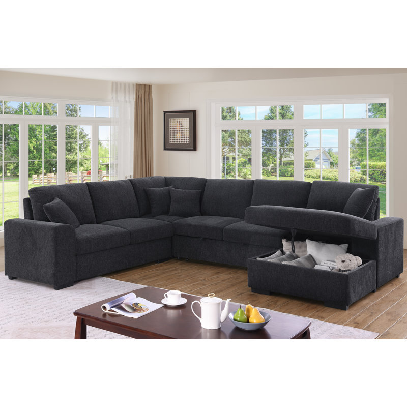 Canapé-lit modulaire en forme de U de 132 po en chenille avec lit coulissant, méridienne de rangement, console avec porte-gobelet rabattable et ports de charge USB Type-C