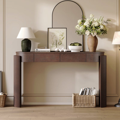 Console de hall d'entrée, avec un dessus ovale cannelé au fini grain de bois naturel et 2 tiroirs pour le hall d'entrée et le salon