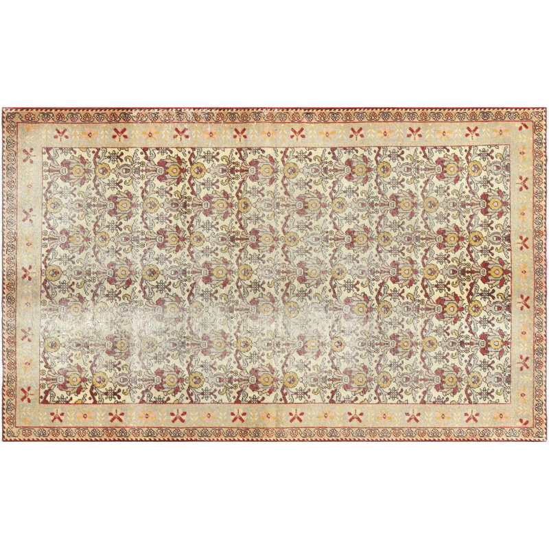 Tapis unique en laine noué à la main beige, rouge et jaune des années 1960 de 4 pi 4 po x 7 pi
