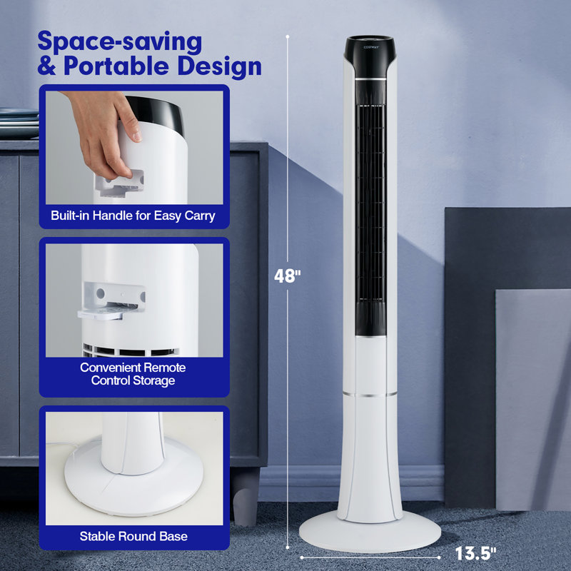 White 48" Bladeless Oscillating Tower Fan with Remote