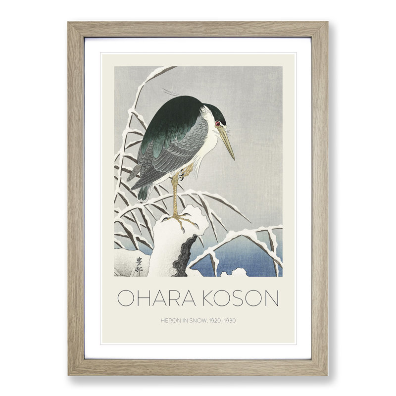A Heron in the Snow by Ohara Koson - Picture Frame Painting, 48cm H x 36cm W x 2cm D, Oak Framed