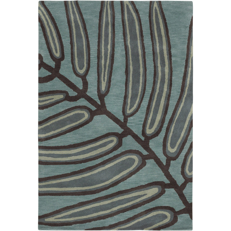 Très grand tapis botanique en laine touffeté à la main bleu, ivoire et brun Cianie, Bleu, brun et ivoire