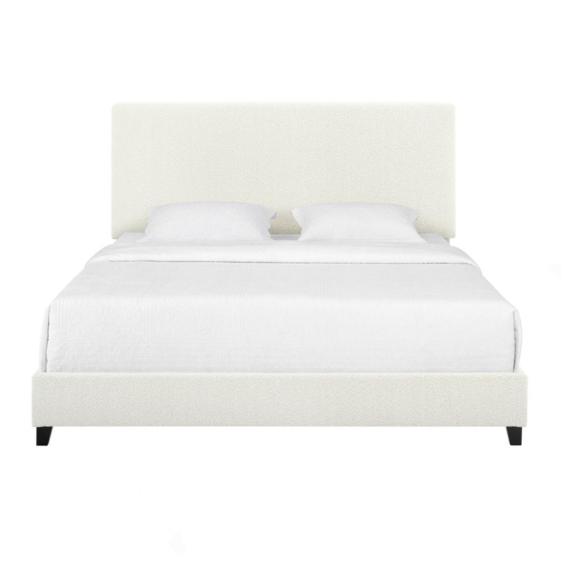 King Size White Boucle Upholstered Platform Bed, White