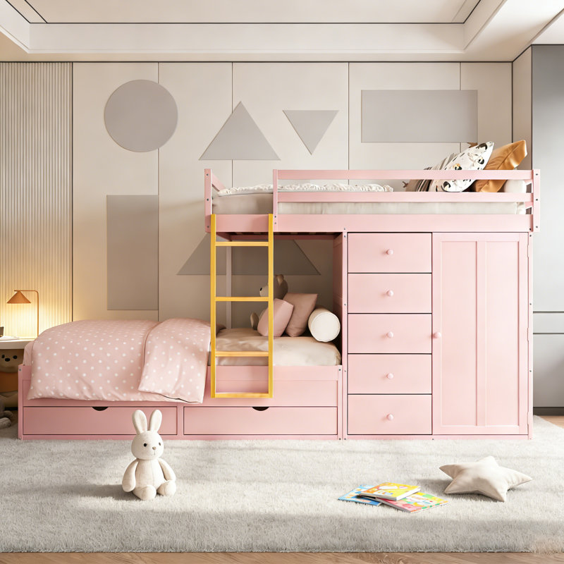 Full Over Full Modern Bunk Bed With Built In Closet And 7 Storage Drawers, Pink