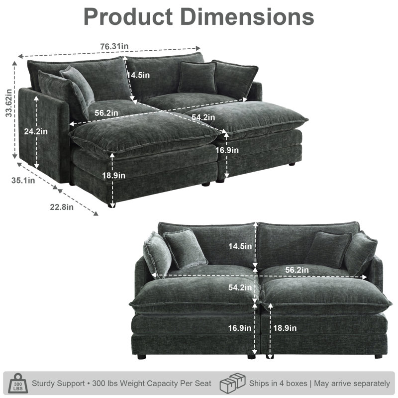 Ensemble de canapé modulaire en chenille 4 pièces avec causeuse 2 places et 2 repose-pieds, Gris