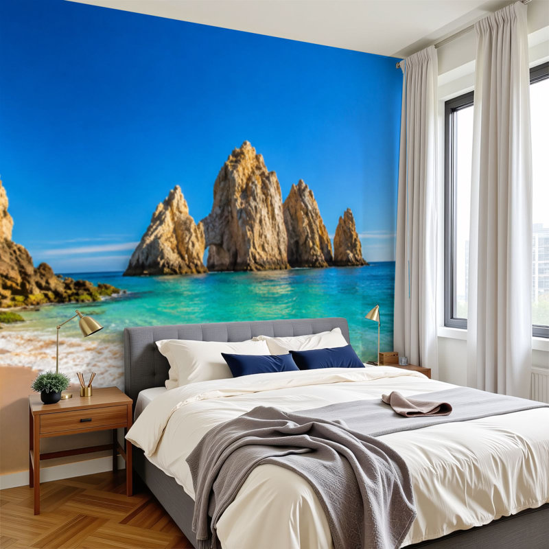Peler et coller, papier peint tropical, plage rocheuse, Cabo San Lucas, art mural auto-adhésif et amovible