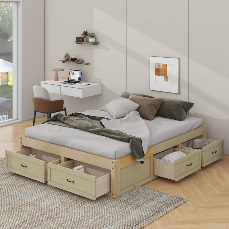 Grand lit plateforme avec 6 tiroirs, Naturel antique